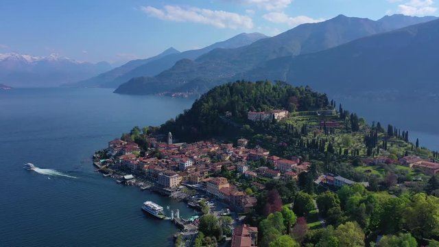 Aerial drone video of iconic village of Bellagio in lake Como one of the most beautiful and deepest in Europe, Lombardy, Italy