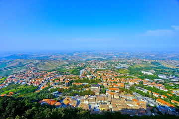 View from the Monte Titano overlooking the area of San Marino. The country is situated inside Italy and the fifth smallest country in the world.