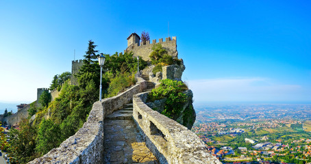 View of the Guaita fortress located on the peak of Monte Titano in San Marino. 