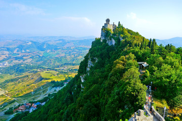 View of the Cesta tower located on the peak of Monte Titano in San Marino. The country is situated...
