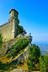 Fototapeta na wymiar View of the Guaita fortress located on the peak of Monte Titano in San Marino. 