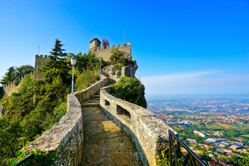 View of the Guaita fortress located on the peak of Monte Titano in San Marino. 