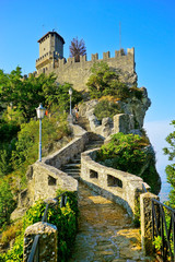 View of the Guaita fortress located on the peak of Monte Titano in San Marino. 