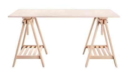 work table, wooden plywood shelf on two trestles, isolated on white background, 3d rendering image