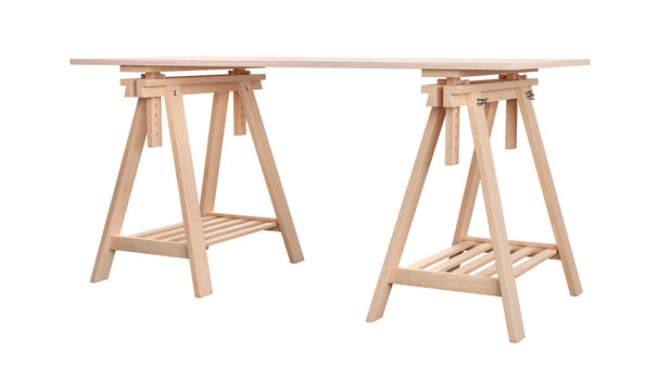 work table, wooden plywood shelf on two trestles, isolated on white background, 3d rendering image