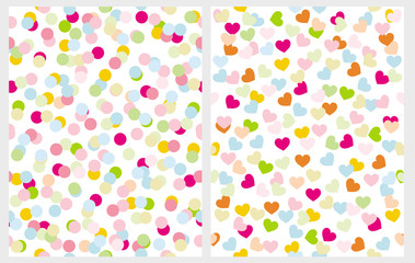 Set of 2 Abstract Seamless Irregular Vector Patterns with Dots and Hearts on a White Background. Multicolor Doted Design. Funny Romantic Layout. Colorful Confetti Rain of Dot and Heart Shape.