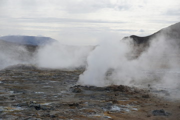 Mystical Hverir sulfur field near Myvatn on Iceland in summer