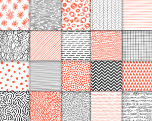 Abstract hand drawn geometric simple minimalistic seamless patterns set. Polka dot, stripes, waves, random symbols textures. Vector illustration