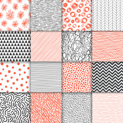 Abstract hand drawn geometric simple minimalistic seamless patterns set. Polka dot, stripes, waves, random symbols textures. Vector illustration