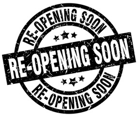 re-opening soon round grunge black stamp