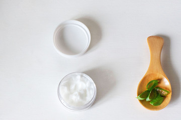 Flat lay composition with aloe vera on white background