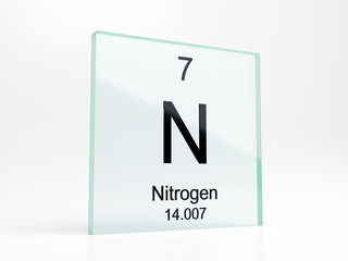 Nitrogen element symbol from periodic table on glass icon - realistic 3D render