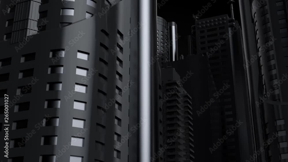 Poster 3d render of big buidings with camera that has loopable rotation animation around center. skyscraper