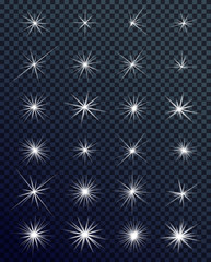 Set of Glowing light effects. Sparkles. Shining stars, bright flashes of lights with a radiating. Transparent light effects in vector.
