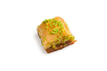 Pistachio baklava on a white background. Dessert.