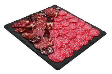 Different kinds of meat cuts on the boards. On a wooden background.