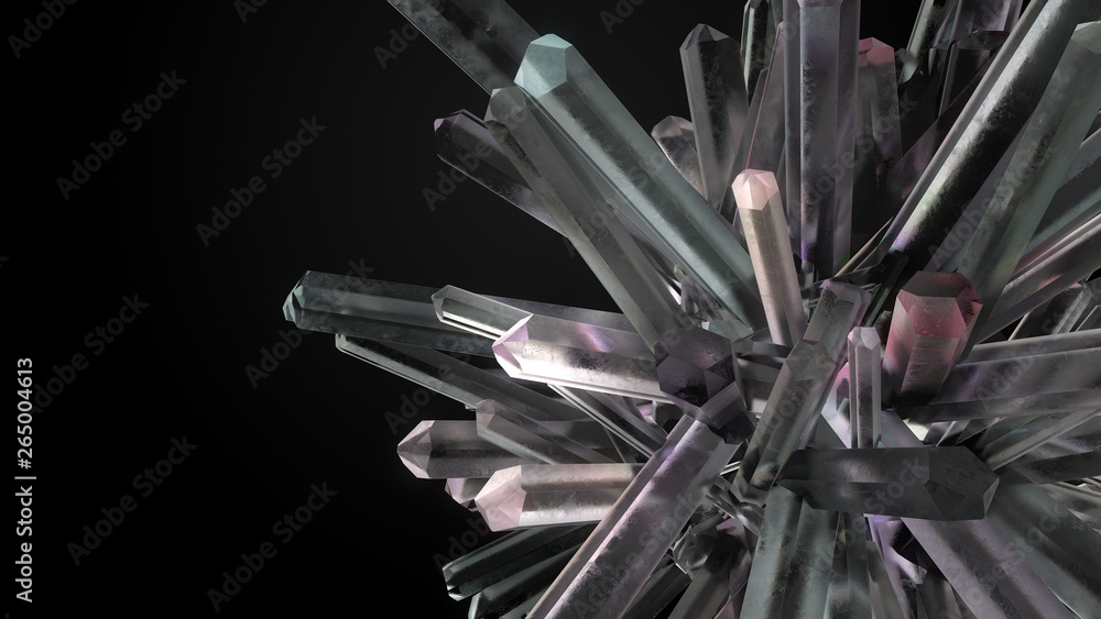 Poster 3d render crystal cluster. composition made of mineral elements.