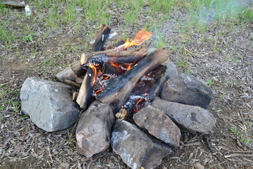 Tourist bonfire on nature in spring.