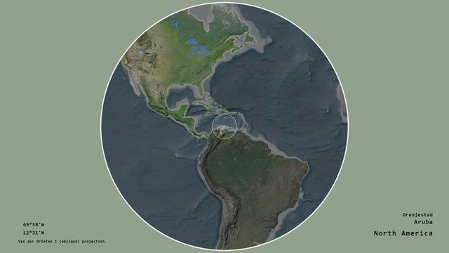 Aruba and its capital circled and zoomed on the global satellite map in the van der Grinten I projection with animated oblique transformation. Animation 3D