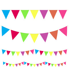 Realistic hanging color buntings garland flag set different type for celebrate holiday. Vector