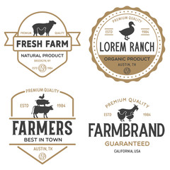 Fototapeta premium Farmers market logo templates stamps labels badges set. Trendy retro style logotypes, farm natural organic products food, animals, beef, goat, hen and pig silhouettes.