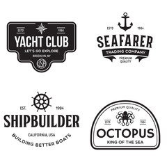 Set of sea and nautical typography badges and design elements. Templates for company logo. Marine cruise, yacht club, trading companym, shipbuilding and other themes.