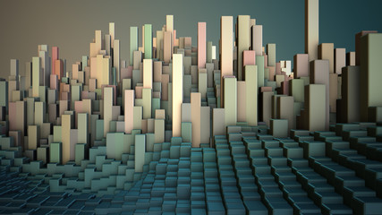 Obraz premium Abstract cubic landscape background. 3D rendering illustration. Geometry patterns. Random 3D cubes.