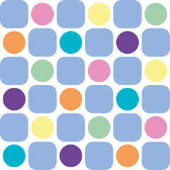 seamless background of pastel colored polka dots and blue rounded squares on white