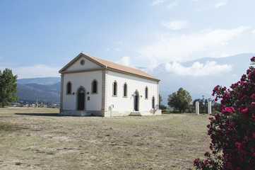 Greek church on the foot of mountains in Kefalonia, Greece