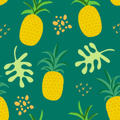 Tropical Flowers and Leaves Pattern, Exotic Summer Cover, Pineapples Seamless Retro Background in Vector
