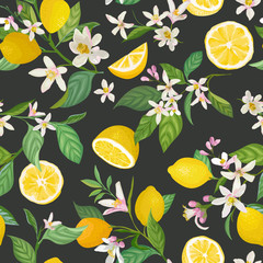 Seamless Lemon pattern with tropic fruits, leaves, flowers background. Hand drawn vector illustration in watercolor style for summer romantic cover, tropical wallpaper, vintage texture