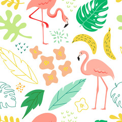 Naklejka premium Spring and summer seamless background with flamingo, tropical plants, leaves, flowers for pattern, banner, greeting card, poster, cover. Vector Illustration