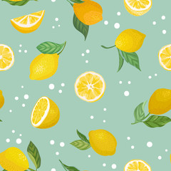 Seamless fruit pattern with lemons, leaves, flowers background. Hand drawn vector illustration in watercolor style