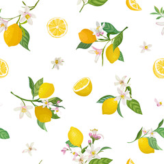 Seamless Lemon pattern with tropic fruits, leaves, flowers background. Hand drawn vector illustration in watercolor style for summer romantic cover, tropical wallpaper, vintage texture
