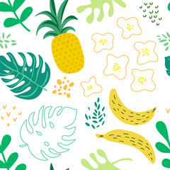 Tropical Flowers and Leaves Pattern, Exotic Summer Cover, Pineapples Seamless Retro Background in Vector