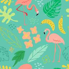 Spring and summer seamless background with flamingo, tropical plants, leaves, flowers for pattern, banner, greeting card, poster, cover. Vector Illustration