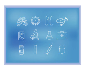 White medical linear icons on the blue background. Pulmanologii. Respiratory system. Lungs. Fluorography. Rentgen. Infographics. Vector