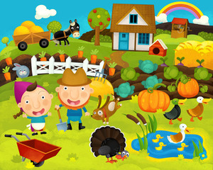 cartoon happy and funny farm ranch scene with happy animals - illustration for children