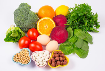 Healthy products and ingredients as source vitamin B9 (acidum folicum), natural minerals, concept of nutritious eating.