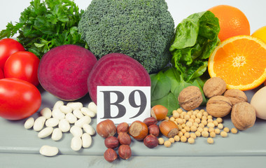 Healthy products and ingredients as source vitamin B9 (acidum folicum), natural minerals, concept of nutritious eating.