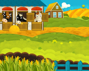 Obraz na płótnie Canvas cartoon happy and funny farm ranch scene with happy animals - illustration for children