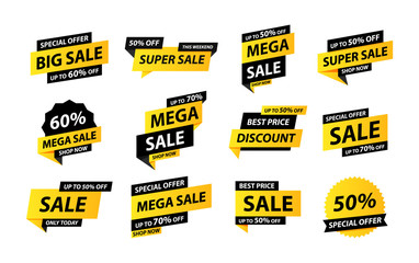 Sale tags collection. Special offer, big sale, discount, best price, mega sale banner set. Shop or online shopping. Sticker, badge, coupon, store. Vector Illustration. - obrazy, fototapety, plakaty