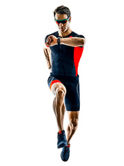triathlete triathlon runner running in silhouette isolated  on white background