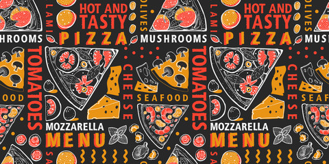 Typographic vector Italian pizza and ingredients seamless pattern. Italian food design template. Hand drawn vector illustration on dark background. Can be use for menu or packaging.