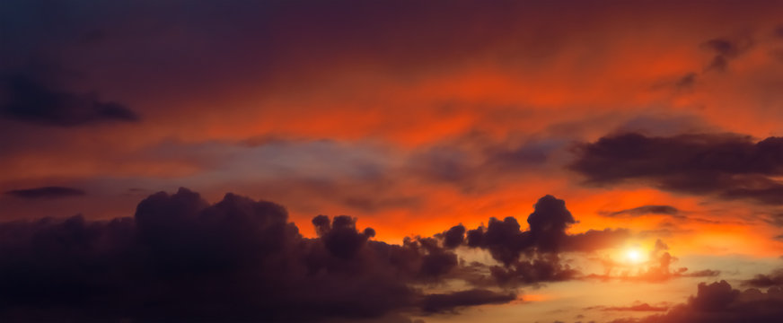 Panoramic Dramatic Sunset With Orange And Yellow Sky Background