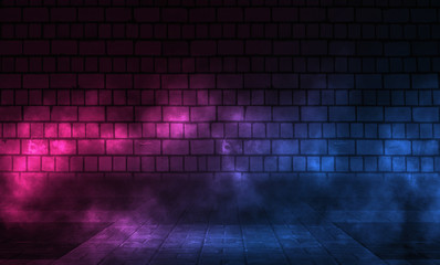 Empty scene background. Brick wall with multicolored neon lights and smoke. Neon shapes on a dark background. Dark abstract background