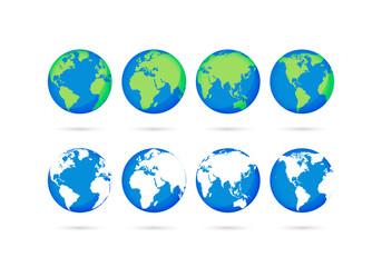 Big collection Earth globes. Globe and Earth icons. World map. Planet. Vector illustration.