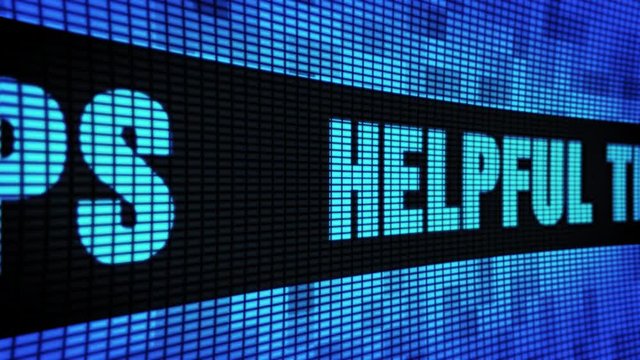 helpful tips Side Text Scrolling on Light Blue Digital LED Display Board Pixel Light Screen Looped Animation 4K Background. Sign Board , Blinking Light, Pixel Monitor, LED Wall Pannel