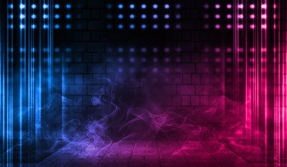 Empty scene background. Brick wall with multicolored neon lights and smoke. Neon shapes on a dark background. Dark abstract background