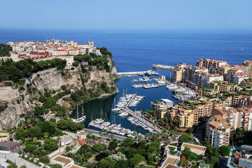Fototapeta na wymiar View of Monaco City and Fontvieille with boat marina in Monaco.